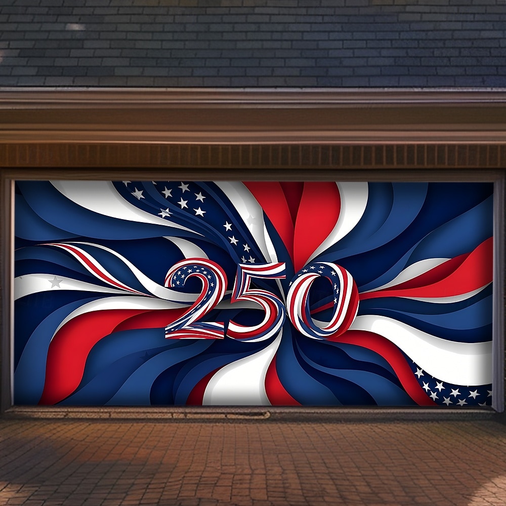 4. července 2026 250. výročí Pamětního dne Kryt na garážová vrata Velký závěsný pozadí Americká vlajka Vintage 3D vlastenecká party venkovní pozadí pro focení dekorace na vchodové dveře 2026 - $59.99 –P4