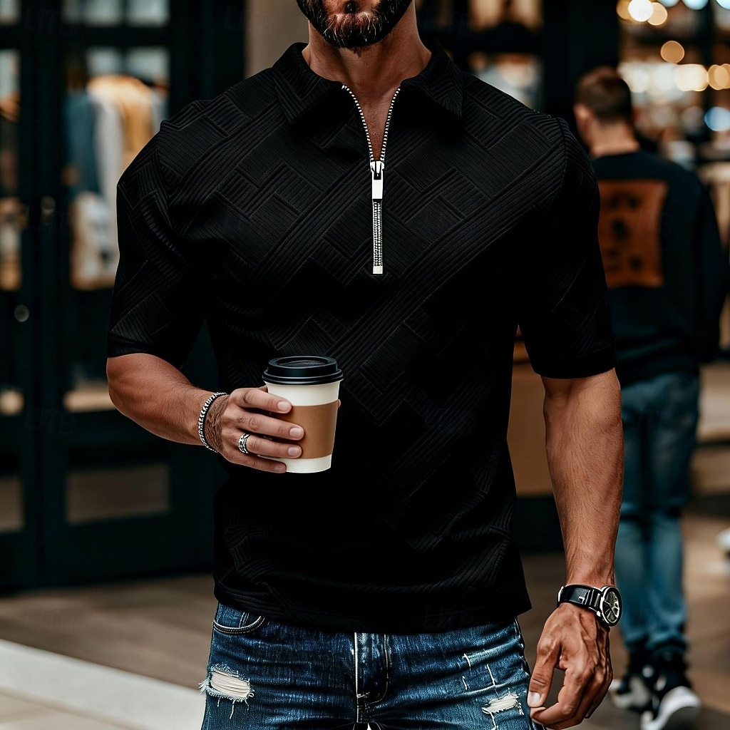 Per uomo Polo con zip Testurizzato Casuale Quotidiano Zip a un quarto Manica Corta Moda Tempo libero Semplice Cerniera Zip a un quarto Estate Primavera Blu Verde translucido blu navy Aalbicocca Blu del 2026 a $22.99 –P20