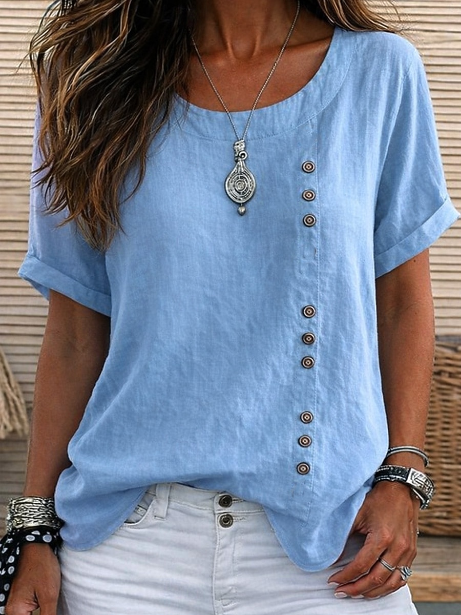 Dames 100% Katoen T-shirt Knop Effen Modieus Stijlvol Klassiek Korte mouw Strakke ronde hals Normale tops Dagelijks Uitgaan Weekend blauw Wit Geel Leger Groen Marineblauw Zomer Lente 2026 - $19.99 –P5