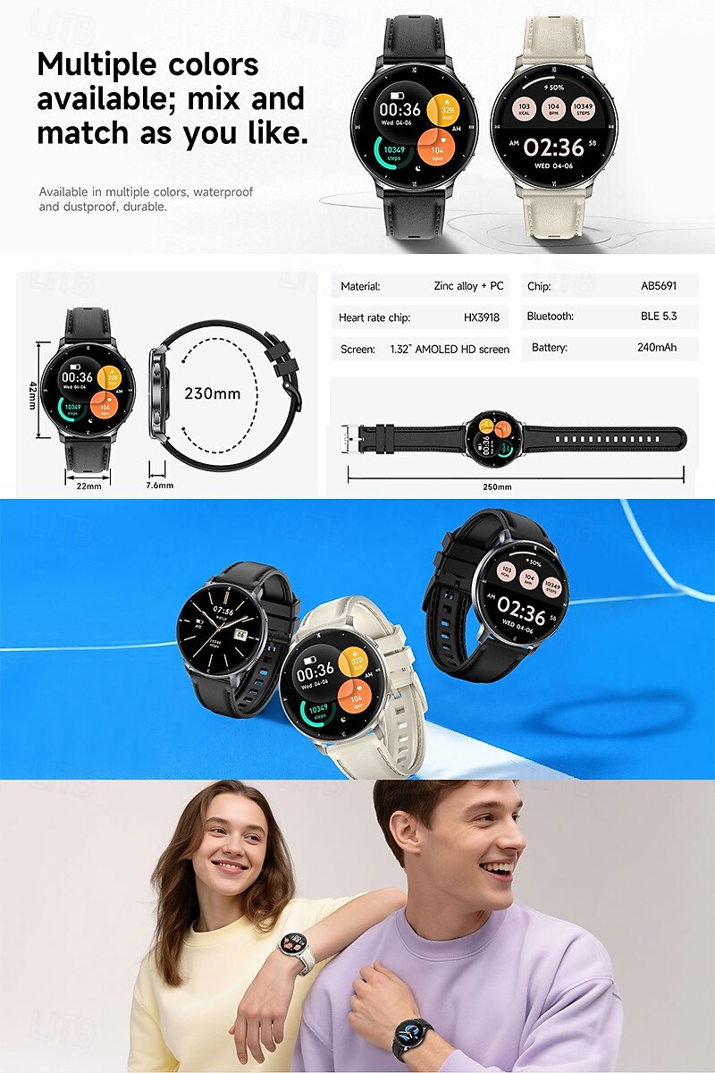 Smart Watch with Built-in Flashlight for Men Women, Round HD Touch Screen Fitness Tracker with Heart Rate Sleep Monitor, Waterproof Sport Smartwatch for Android iOS, Pedometer, Stylish Leather Strap 2026 - $43.99 –P7
