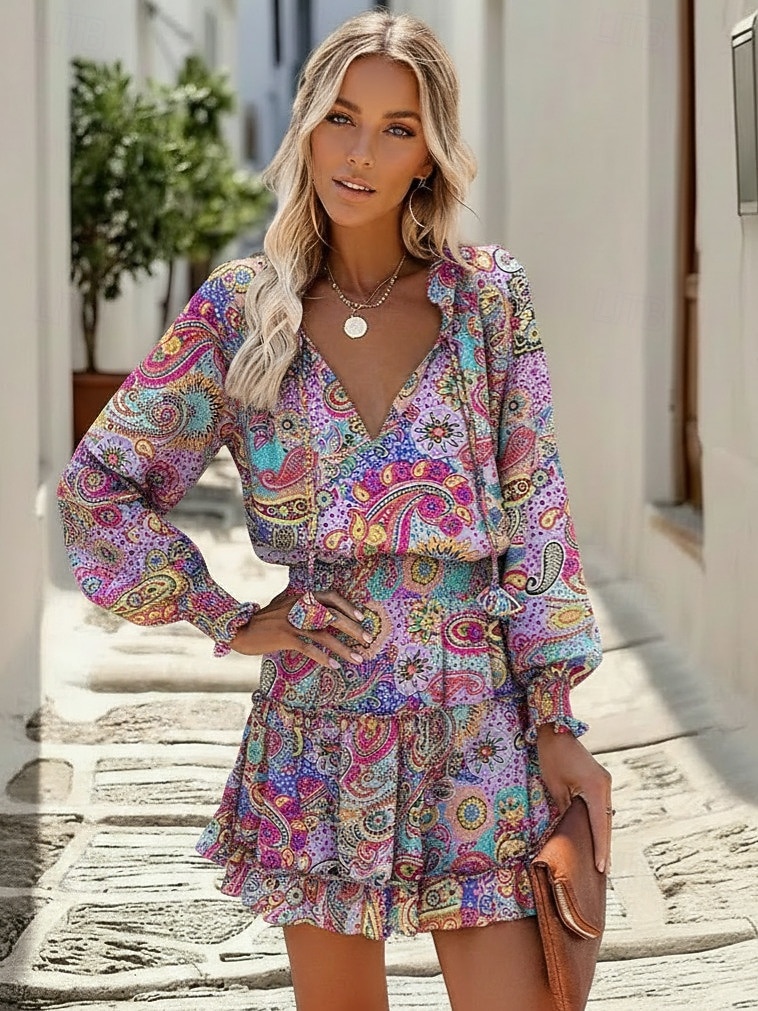 Damskie Sukienka mini Sukienka z nadrukiem Wiosenna sukienka Moda Nowoczesny Codzienny Na zewnątrz Urlop Luźna Kwiaty Panterka Geometryczny Długi rękaw W serek Czarny Fioletowy Fuksja Brązowy Lato 2026 - $28.99 –P4