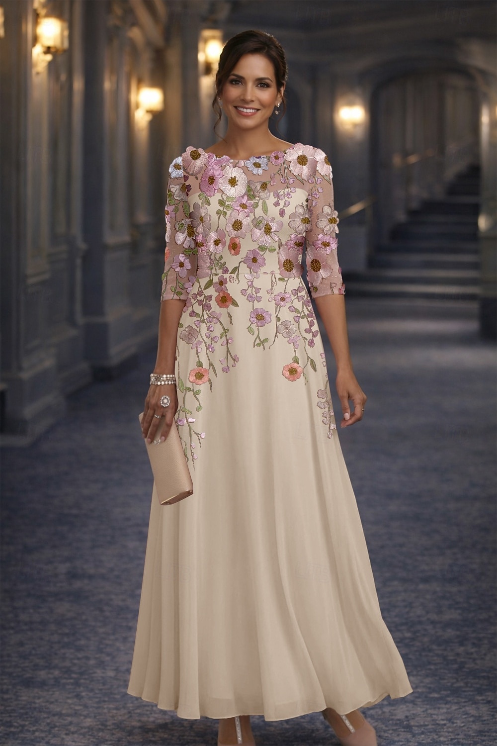 A-Linie Bodenlang Spitzenkleid Brautmutterkleid Langarm Rundhalsausschnitt Illusionsausschnitt Elegant Vintage Formell Hochzeitsgast Hochzeitsfeier Chiffon Spitze mit Blumenmuster 3D-Blumen Stickerei 2026 - $88.99 –P4