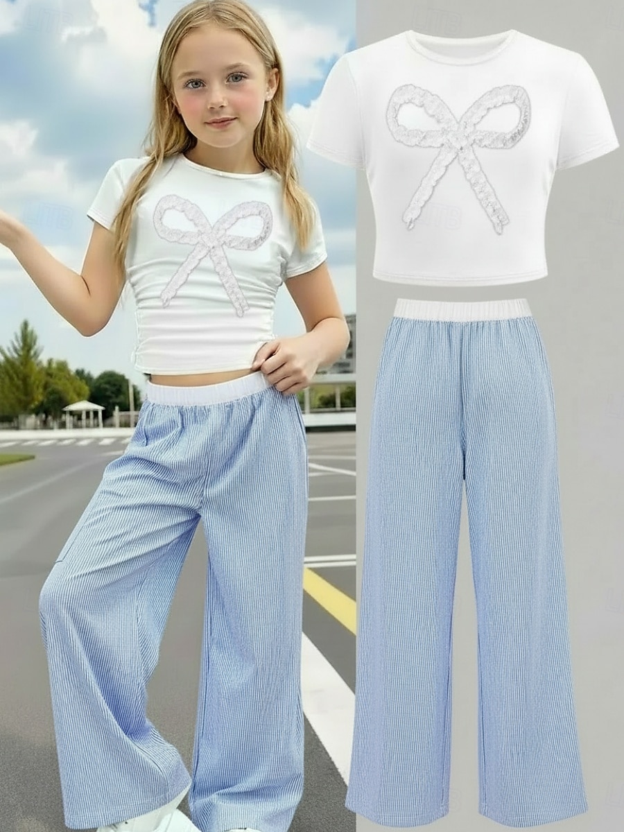2 Pezzi Bambini Ragazze Grafico Tasca T-shirt e pantaloni Impostato Manica Corta Sport Casuale 7-13 Anni Estate Blu del 2026 a $28.99 –P1