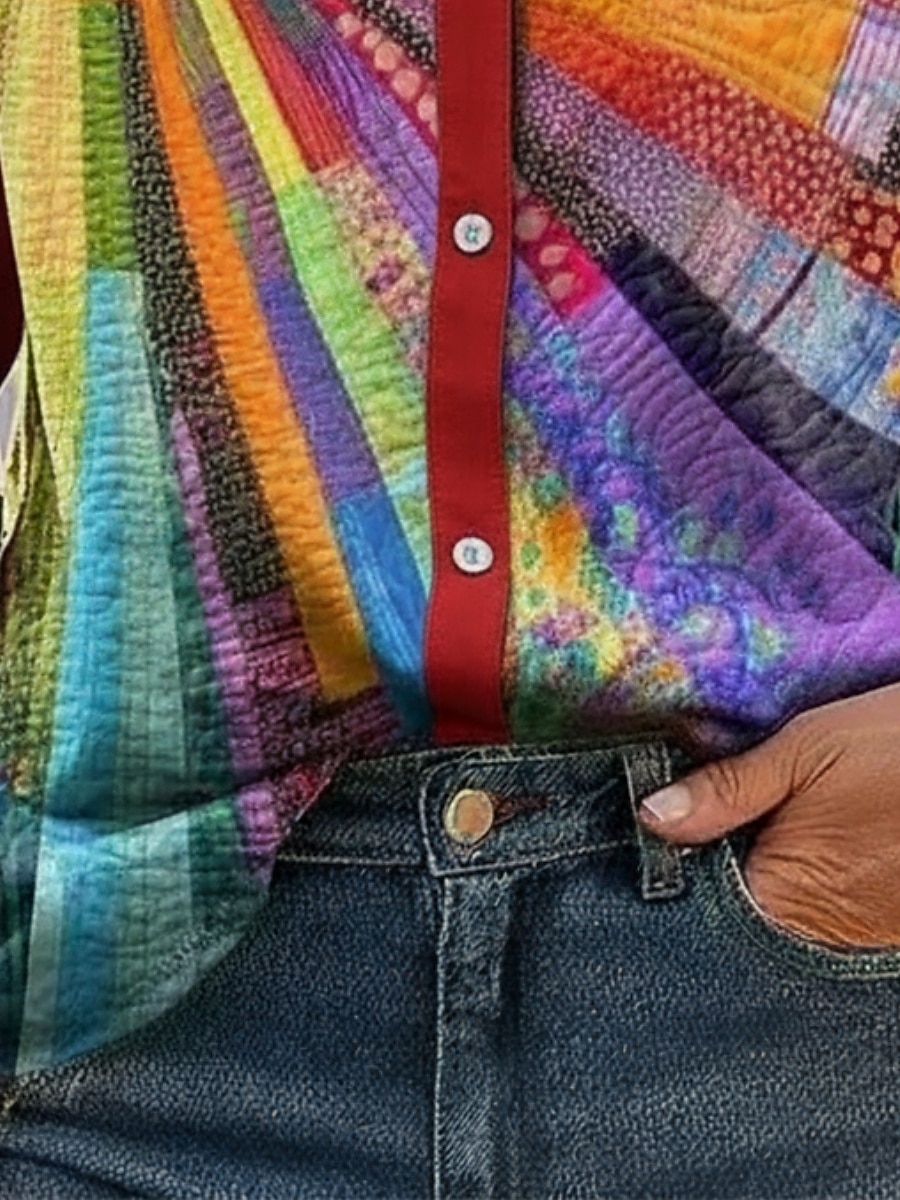 Mujer Camisa Lino de algodón sintético Botones Estampado Sol Pintada Bohemia Activo Casual Manga Larga Cuello Camisero Tops regulares Diario Festivos Arco Iris Primavera Otoño 2026 - $27.99 –P3