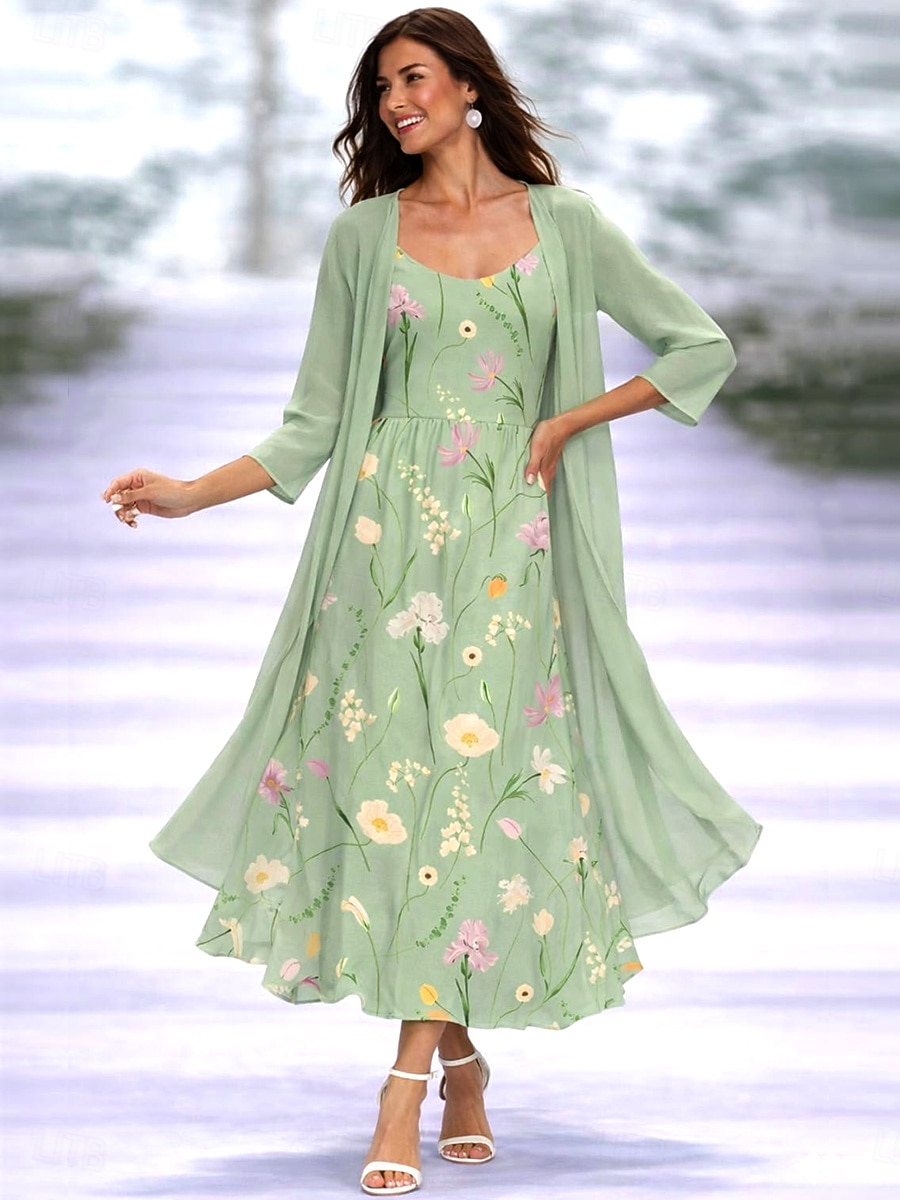 Damen Kleid-Set A Linie Kleid Elegant Urlaub Blumen Grafik Geschichtet Druck Midikleid Dreiviertelarm V Ausschnitt Täglich Party Hellgrün Violett Dunkelblau Sommer Frühling Normale Passform 2026 - $51.99 –P1