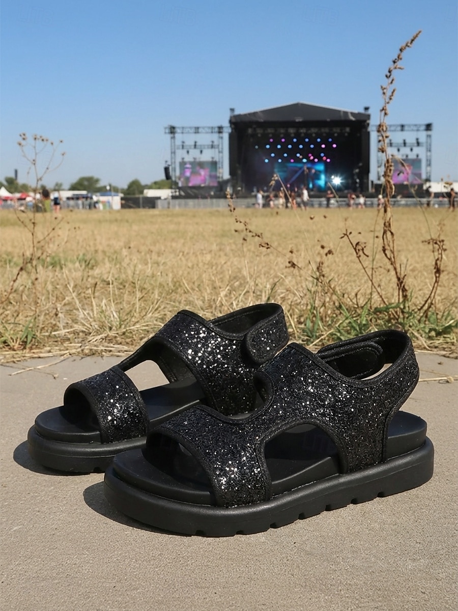 Sandale negre strălucitoare cu platformă și paiete pentru femei - pantofi gladiator îndrăzneți, cu toc gros și bloc, pentru festivaluri de muzică, ținute Coachella și rave-uri în cluburi de noapte 2026 - $32.99 –P1