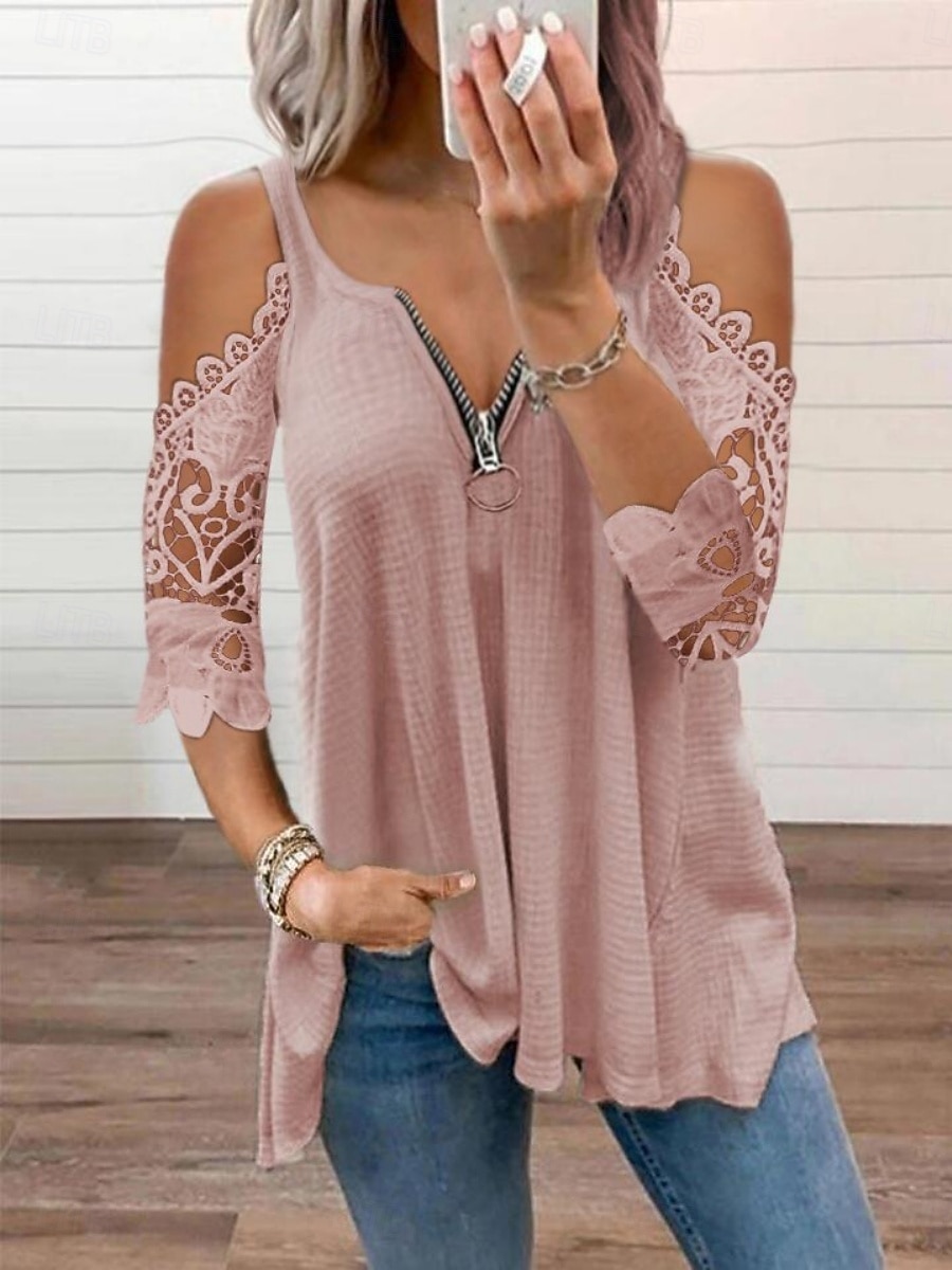 Mujer Camisa Parte superior con ojales Blusa Tops de encaje Cremallera Ojal Plano Elegante Clásico Moderno Manga Larga Escote en Pico Tops regulares Diario Festivos Noche Azul Piscina Blanco Rosa 2026 - $24.99 –P3