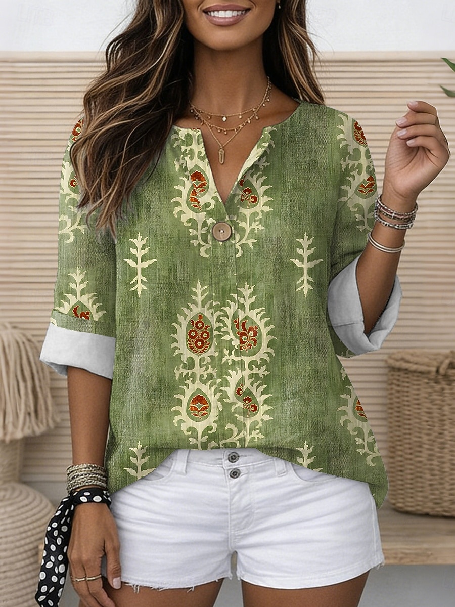 Pentru femei Bluză Imprimeu Grafic Geometric Epocă Stilat Modern Lungime Manșon 3/4 Stil Nautic Topuri obișnuite Zilnic Concediu Costum de plajă Albastru piscină Mov Trifoi Albastru Închis Var 2026 - $31.99 –P1