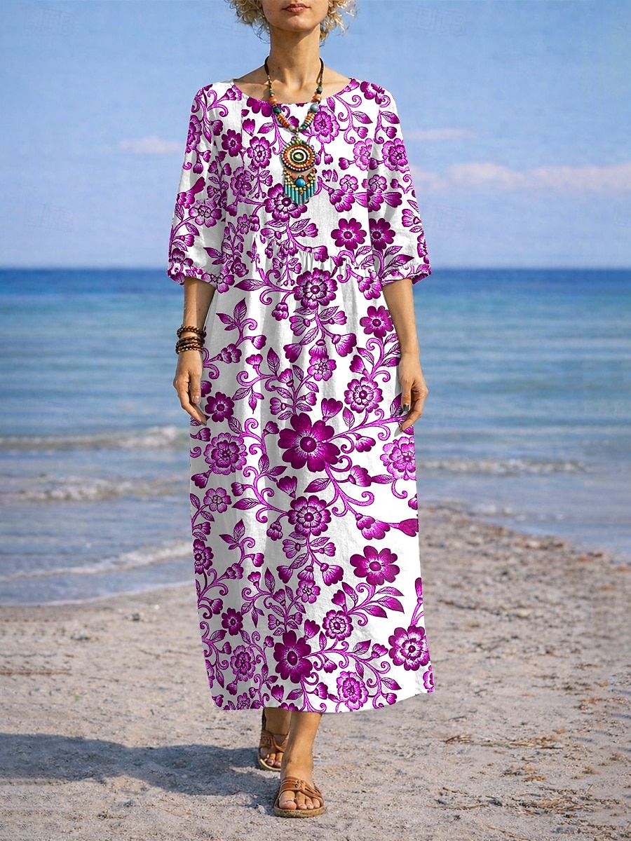 Robe longue maxi femme à fleurs bleues et blanches, style vacances, robe droite décontractée, idéale pour la plage ou les sorties. Motif floral, manches 3/4, col rond, bleu, rouge, violet, vert. de 2026 ? $41.99 –P2