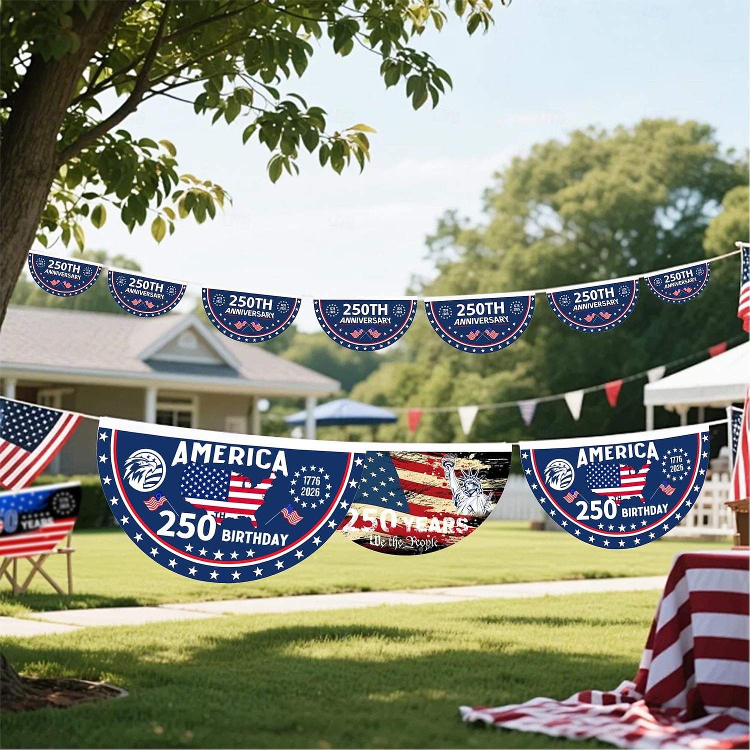 Lot de 2 drapeaux commémoratifs du 250e anniversaire des États-Unis, 45 x 90 cm (1776-2026), guirlande de fanions, décorations patriotiques à suspendre pour l'extérieur, porte d'entrée, porche, fond de 2026 ? $17.99 –P5