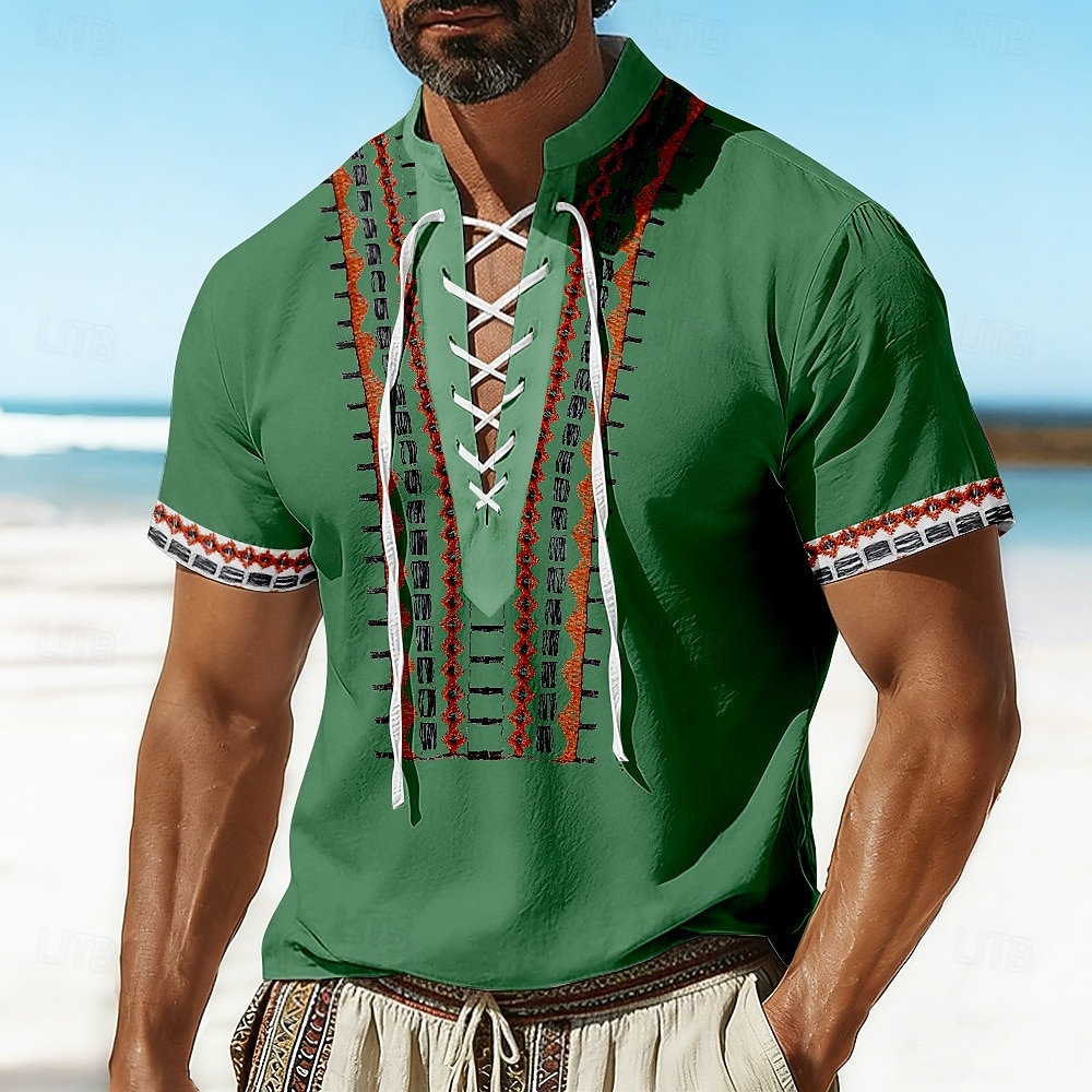 Męskie Wzór geometryczny Etnické Koszula Koszula piracka z sznurowaniem Koszule typu pullover Krótkie rękawy Vintage Retro Codzienne wakacje na plaży Lato Wiosna Kołnierz stawiany Druk 3D 2026 - $25.99 –P3