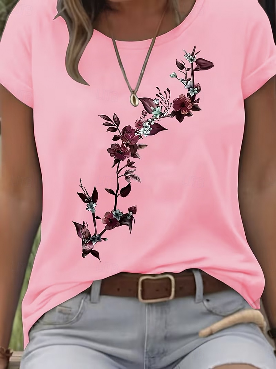 Women's T Shirt Print Floral Graphic Stylish Classic Casual Short Sleeve Crew Neck Round Neck Regular Tops Daily Blue White Pink Gray Summer Spring 2026 - $22.99 –P3