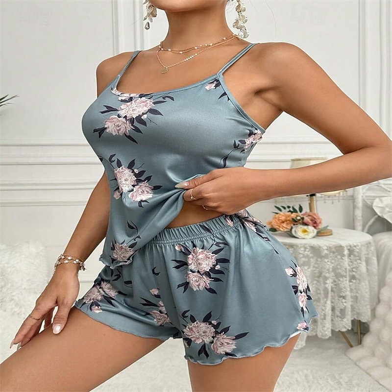 Women's Loungewear Pajama Set Fashion Simple Casual Floral Patchwork Elastic Waist Shorts Home Vacation Sleeveless Straps Lake blue Summer Spring Regular Fit 2026 - $11.49 –P2
