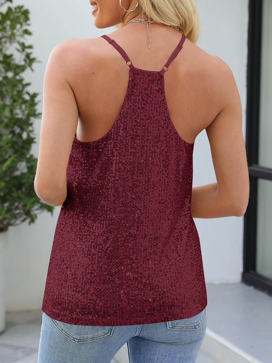 Femmes Débardeur T-shirt sans manches T-shirt Paillettes Couleur Unie Mode Classique Occasionnel Sans manches Col en V Hauts Réguliers Quotidien Sortir Week-end Blanche Rose Claire Vin Dorée Ét de 2026 ? $22.99 –P7
