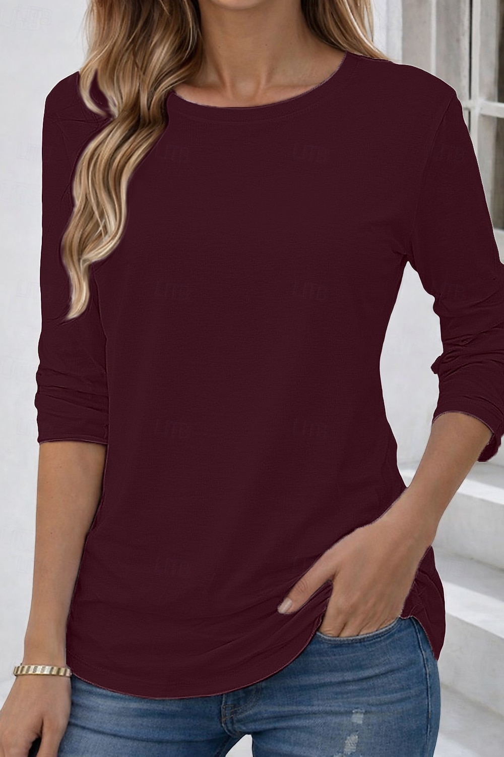 Camiseta 100% Algodão Feminina Cor Sólida Básica Clássica Casual de Manga Longa com Decote Redondo Tops Regulares para o Dia a Dia Saídas Preta Branca Vermelha Azul Marinho Verde Menta Primavera de 2026 por $19.99 –P11