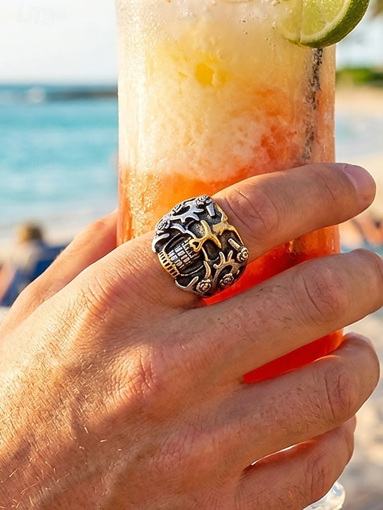 2026年 メンズ ステンレススチール ゴシック スカル リング、マルチサイズ バイカー パンク ステートメント バンド、花柄ディテール、カジュアルウェア、旅行、休暇、ハロウィン スタイリングに最適な大胆なファッション ジュエリー  コレクション – $9.99 –P3