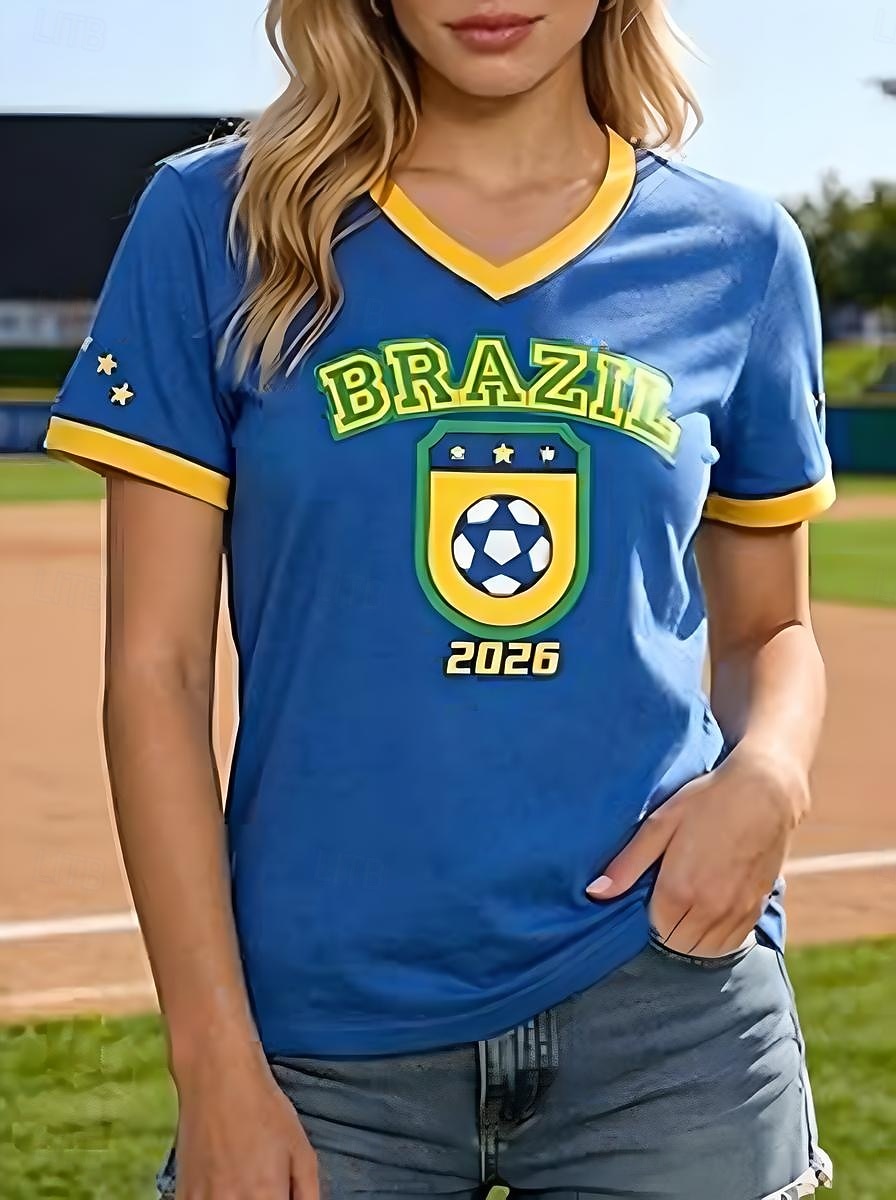Maglietta da Donna World Soccer Match 2026 Stampa Grafica Squadra di Calcio Elegante Casual Maniche Corte Collo a V Regular Top Giornalieri Blu Bianco Giallo Blu Reale Verde Estate Primavera del 2026 a $21.99 –P5