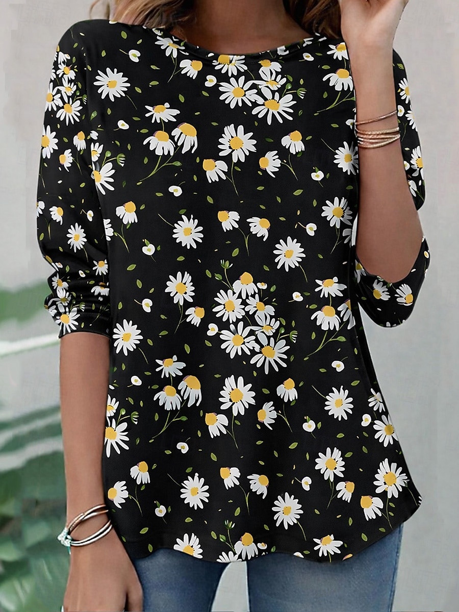 Ramadan Damen T Shirt Druck Blumen Grafik Pflanzen Bohemien Vintage Stilvoll Langarm Rundhalsausschnitt Normale Oberteile Täglich Wochenende Urlaubskleidung Blau Schwarz Gelb Rosa Rote Sommer Frühling 2026 - $24.99 –P7