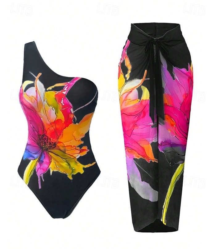 Mulheres Roupa de Banho 2 partes Monoquíni Saia roupa de banho Compressão abdominal Cintura Alta Delgado Frente Única Férias Roupa de Praia Floral Pescoço Assimétrico Sem Manga Fatos de banho de 2026 por $29.99 –P12