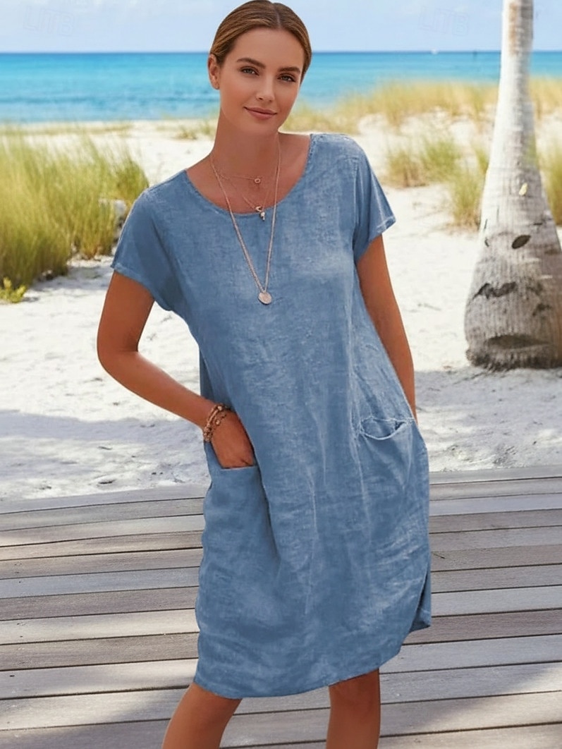 short linen dresses for summer Short Sleeve Linen Summer Dress, Pleated Flare Midi Dress, Calf Length Linen Dress, Midi Cotton Linen Dresses, Comfortable Everyday Outfit