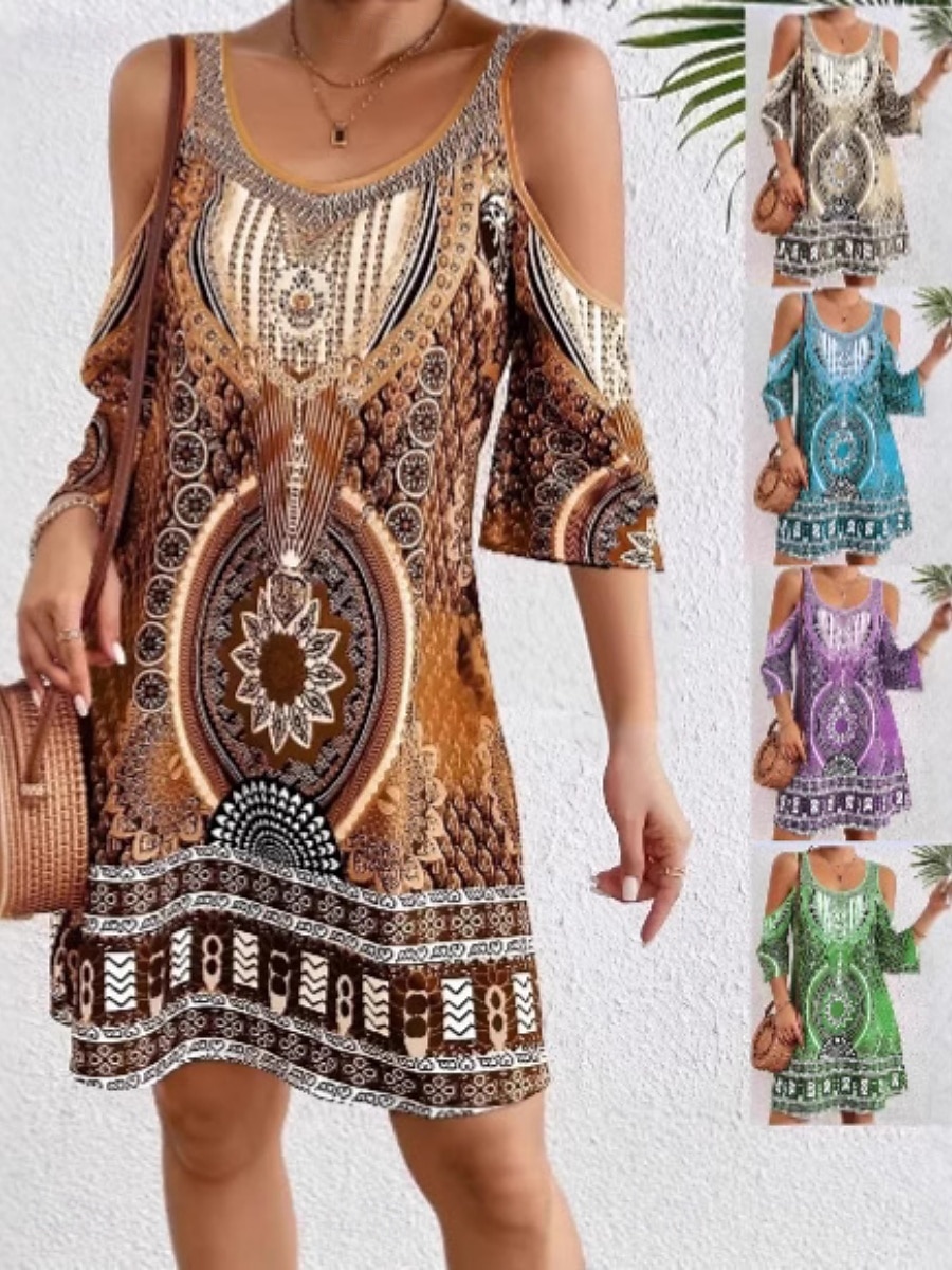 Dame Mini kjole Boho-kjole Vintage kjole Uformell kjole Elegant Mote Moderne Feriereise Ut på byen Helg Normal Geometrisk Stamme Halvlange ermer V-hals Blå Lilla Brun Grønn Sommer Vår 2026 - $25.99 –P1
