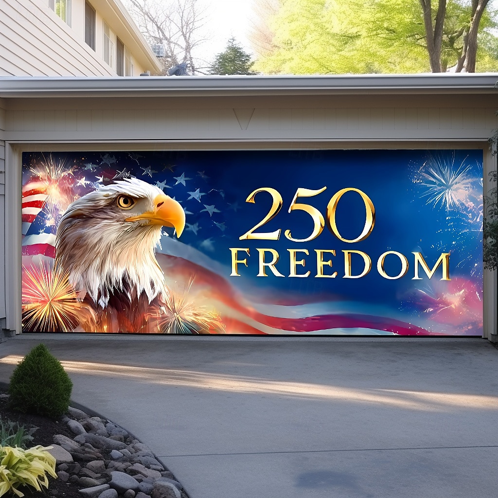 4. juli 2026 250-års minnedag 250 Frihet Bald Eagle Amerikansk flagg fyrverkeri Garasjeport banner utendørs patriotisk dekorasjon uavhengighetsdag 4. juli feiring bakgrunn 2026 - $49.99 –P1