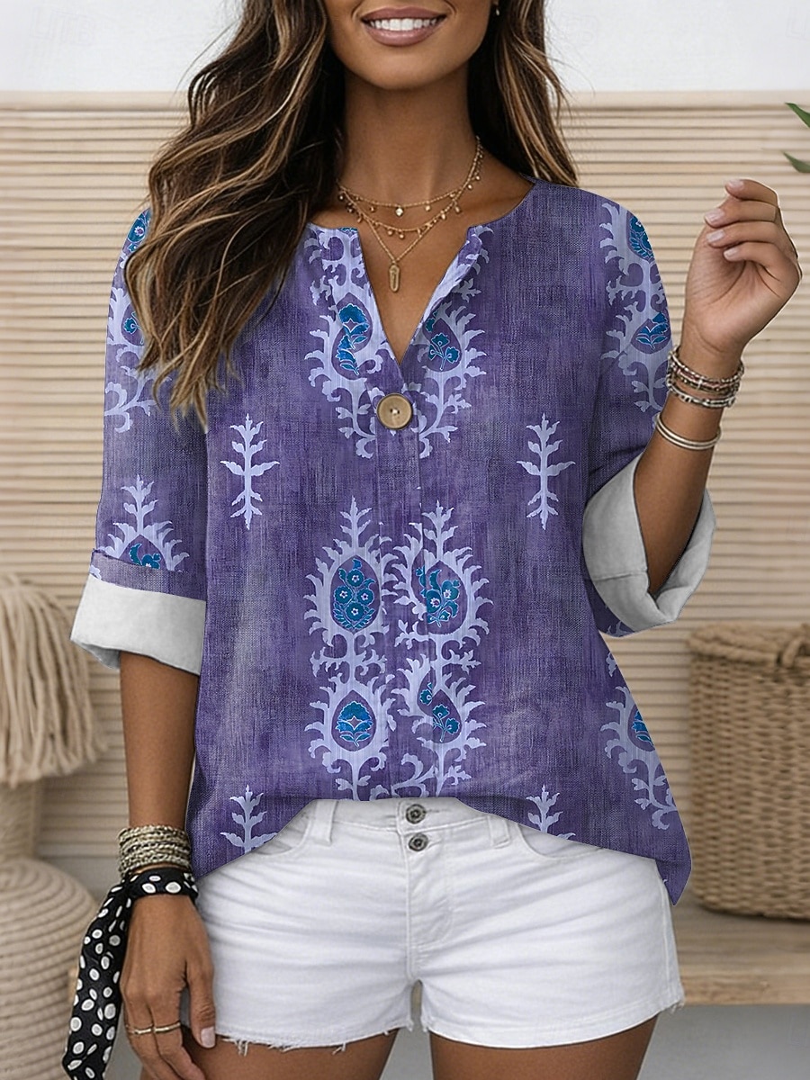 Pentru femei Bluză Imprimeu Grafic Geometric Epocă Stilat Modern Lungime Manșon 3/4 Stil Nautic Topuri obișnuite Zilnic Concediu Costum de plajă Albastru piscină Mov Trifoi Albastru Închis Var 2026 - $31.99 –P4