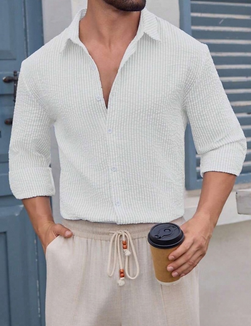 Муж. Рубашка Повседневная рубашка Рубашка из сирсакера Синий Белый Розовый Серый Светло-синий Длинный рукав Полоски Рубашечный воротник Повседневные Уличная одежда Пуговицы Одежда 2026 - $31.99 –P2