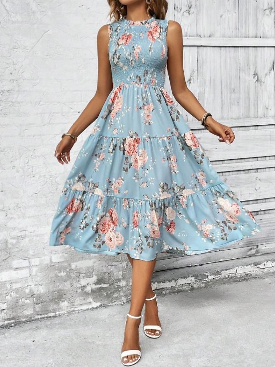 Damskie Sukienka midi Codzienne sukienki Sukienka A line Sukienka w kwiatki Elegancja Moda Nowoczesny Na zewnątrz Urlop Wyjściowe Regularny Kwiaty Bez rękawów Półgolf Niebieski Biały Rumiany róż Lato 2026 - $27.99 –P11