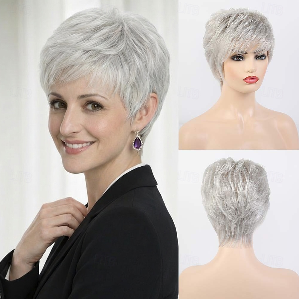 Perruque pixie courte argentée élégante pour femme - mèches douces et volume léger de 2026 ? $29.99 –P2