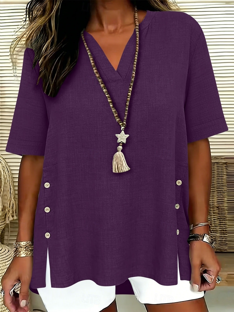 Dames Overhemden met linnenlook Blouse Overhemd van imitatie linnen Knop Effen Kleur Dagelijks Stijlvol Basic Halve mouw V-hals Normale tops Dagelijks blauw Zwart Geel Rood Paars Zomer Lente Herfst 2026 - $22.99 –P14