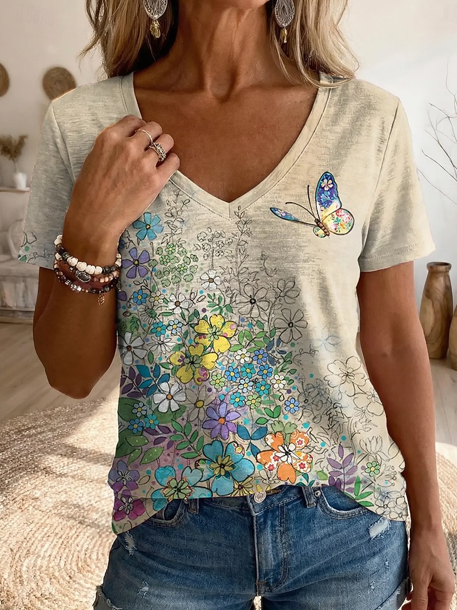Women's T Shirt Print Floral Graphic Vintage Stylish Classic Short Sleeve V Neck Regular Tops Daily Sports Going out Blue Light Beige Royal Blue Purple Summer Spring 2026 - $21.99 –P3