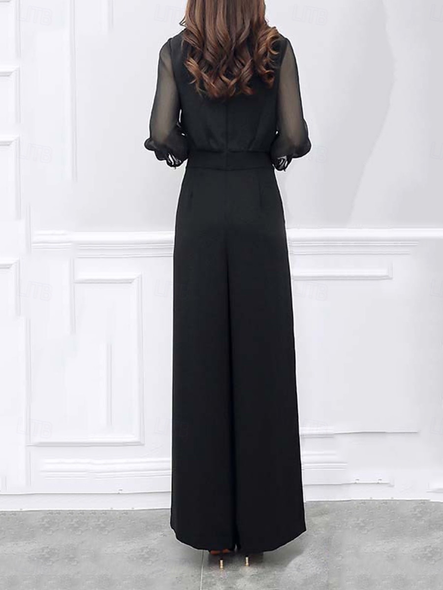 Women's Normal Jumpsuit Active Solid Color Long Sleeve Wide Leg V Neck Patchwork Daily Vacation Regular Fit Black Summer 2026 - $35.99 –P3