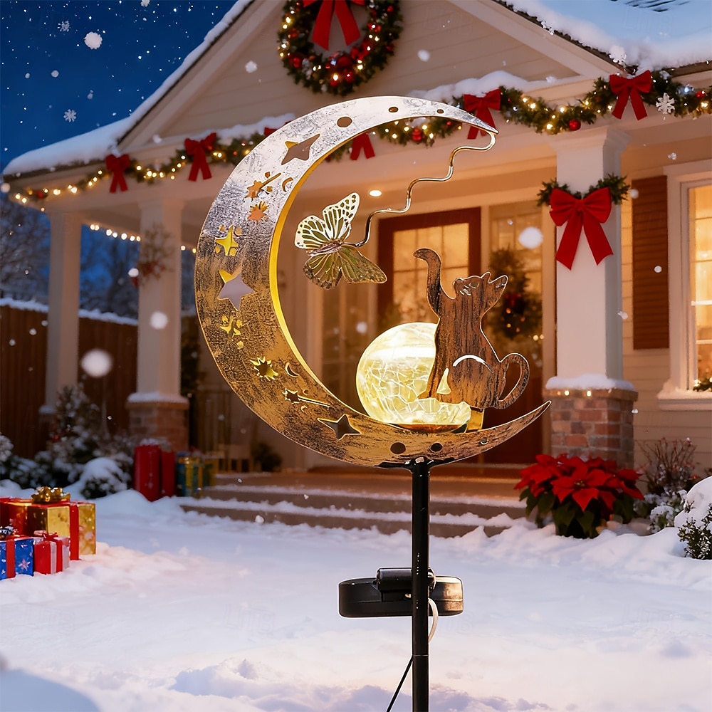 kültéri napelemes vízálló macska &pillangós fém világító gömb alakú karólámpa, dekoratív led kert, udvar, ösvény, gyep, terasz, villa, farm hangulat &tájvilágítás 2026 - $17.99 –P3