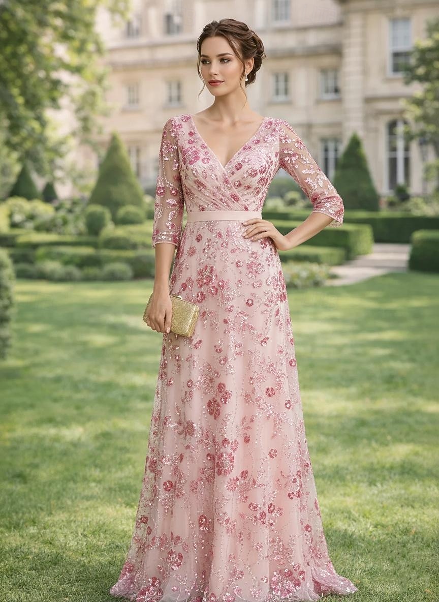 A-linje Kjoler Gulvlengde Gjestekjole til bryllup Formell kjole Aftenkjole Kjole til brudens mor Kortermet V-hals Elegant Enkel Utsmykket Formell Bryllupsgjest Bryllupsfest Chiffon Blonder med 2026 - $182.99 –P4