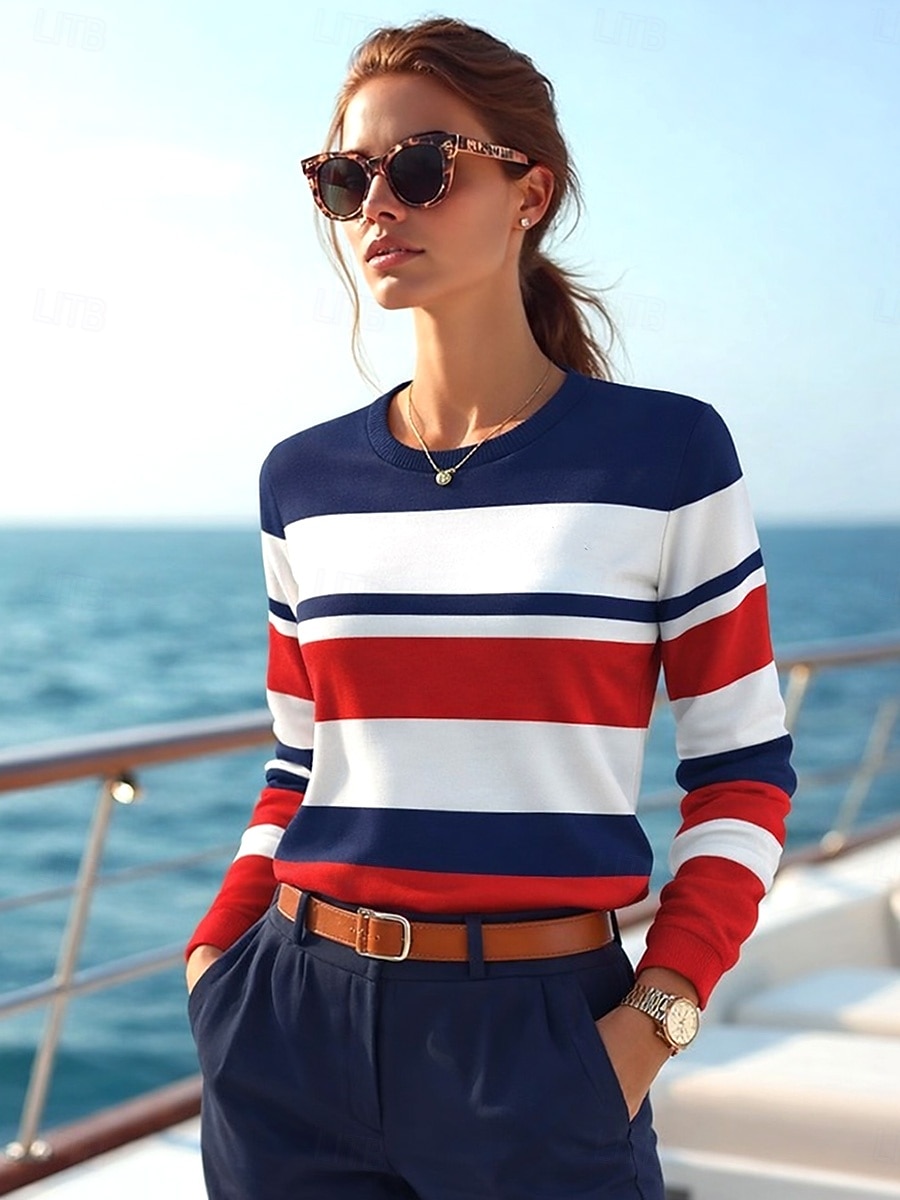 Femmes T-shirt Imprimé Rayé Graphique Géométrique Océan ancien Mode Élégant manche longue Col ras du cou Hauts Réguliers Quotidien bleu marine Été Printemps de 2026 ? $24.99 –P1