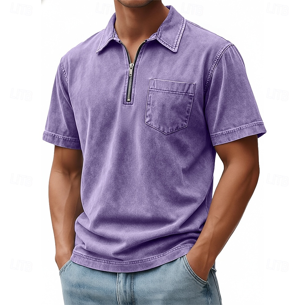 SoftFade™ Miesten Vetoketjullinen Polo 100% Puuvillaa Happopesu Paita Rentoa Päivittäinen Käyttö Neljännes Vetoketju Lyhythihainen Muoti Perus Yksinkertainen Denim Tasku Haalistunut Kesä Kevät 2026 - $31.99 –P5