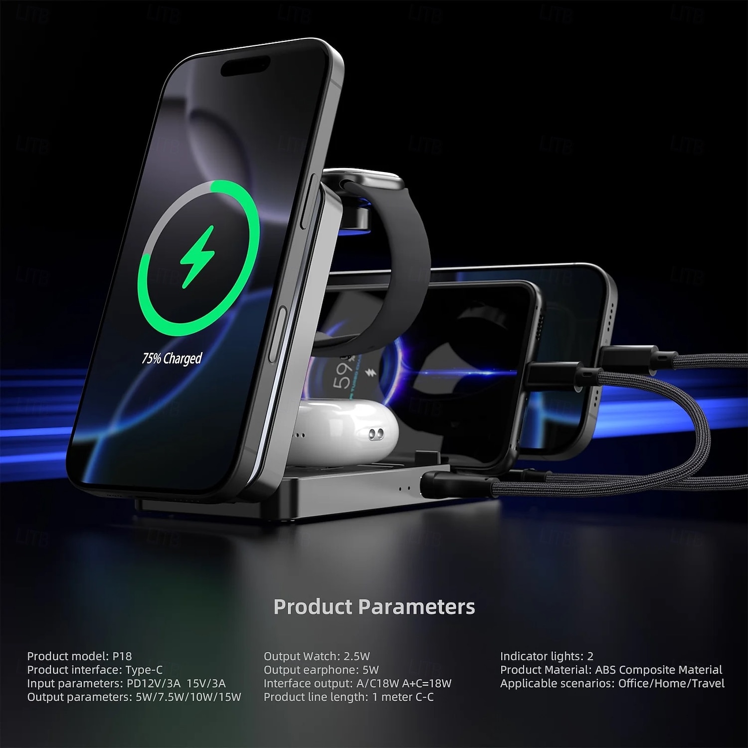 caricabatterie wireless per iPhone 17 16 15 14 13 12 11 x 8, stazione di ricarica 5 in 1 per Apple Watch 10/9/8/7/6/5/4/3/2/SE/Ultra/Ultra del 2026 a $43.99 –P10