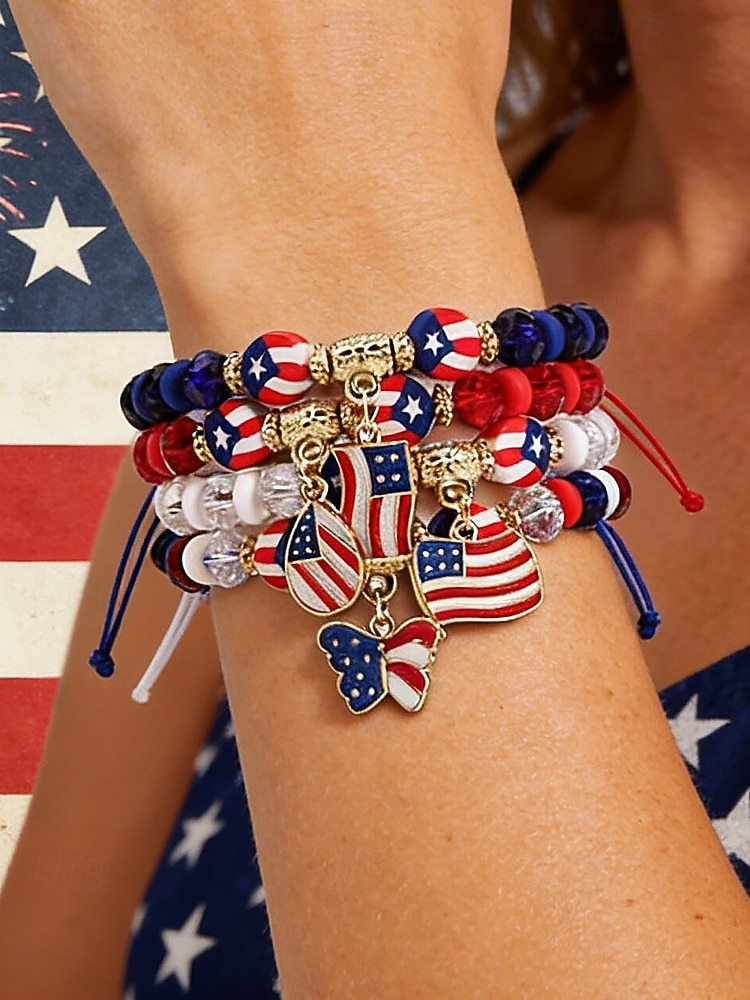 Набор женских браслетов из разных материалов, различные стили, подвески с патриотическим флагом США, регулируемые ремешки, идеально подходит для празднования 250-летия США, Дня независимости и повседневной носки. 2026 - $11.99 –P2