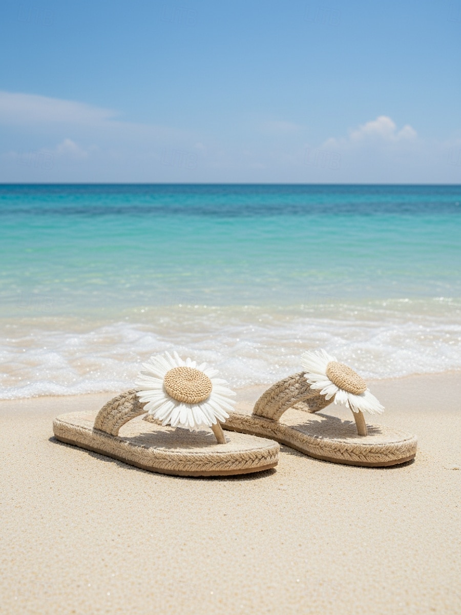 Sandali da spiaggia da donna color arancione acceso con girasoli - romantici sandali bohémien in paglia intrecciata con dettagli floreali per le vacanze estive e le fughe su isole tropicali &feste in del 2026 a $18.99 –P3