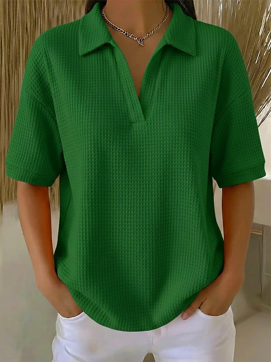 Dámské Tričko Polokošile Trička Vaflově pletené topy Bez vzoru Módní stylové Základní Krátký rukáv Košilový límec Běžné topy Denní Jdeme ven Víkend Vodní modrá Černá Bílá Oranžová Trávová zelená Léto 2026 - $27.99 –P11