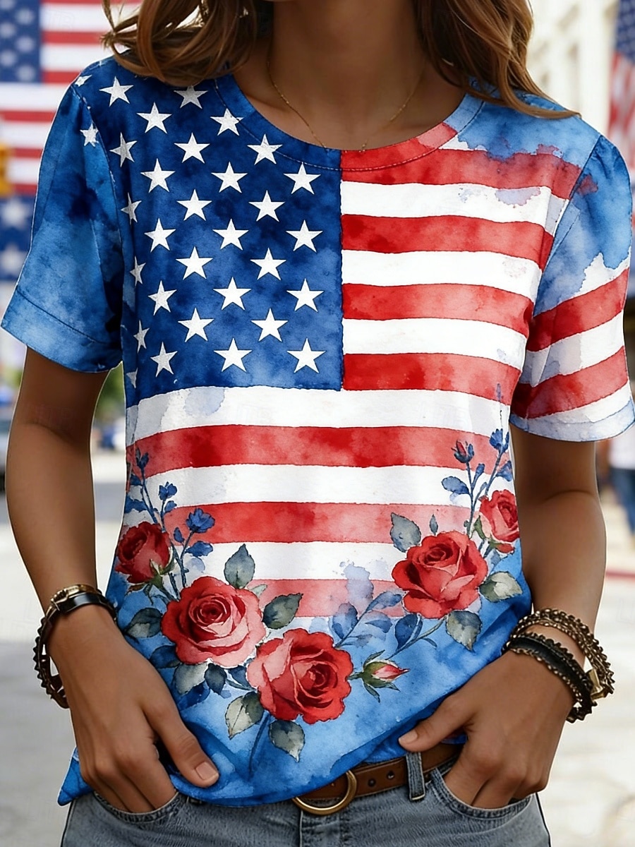 American Independence Day Women's T Shirt Tee Top Print Floral Graphic Flag Stylish Classic Casual Short Sleeve Crew Neck Regular Tops Daily Going out Weekend Blue Light Blue Summer Spring 2026 - $14.99 –P2