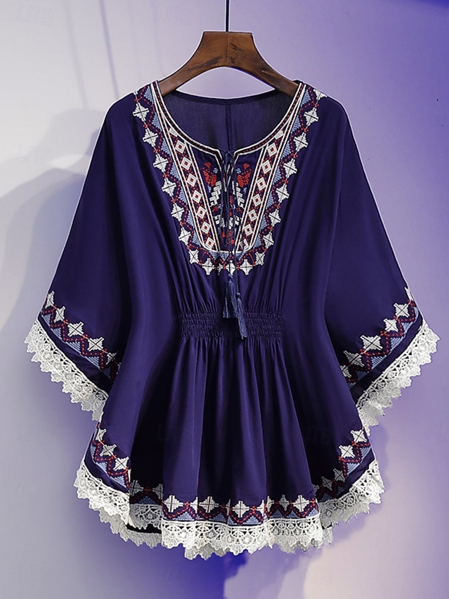 Femmes Chemisier Dentelle Broderie Couleur Unie Bohème Vacances Occasionnel Manche 3/4 Col ras du cou Hauts Réguliers Quotidien Bleu Blanche Été Printemps Automne de 2026 ? $19.99 –P2