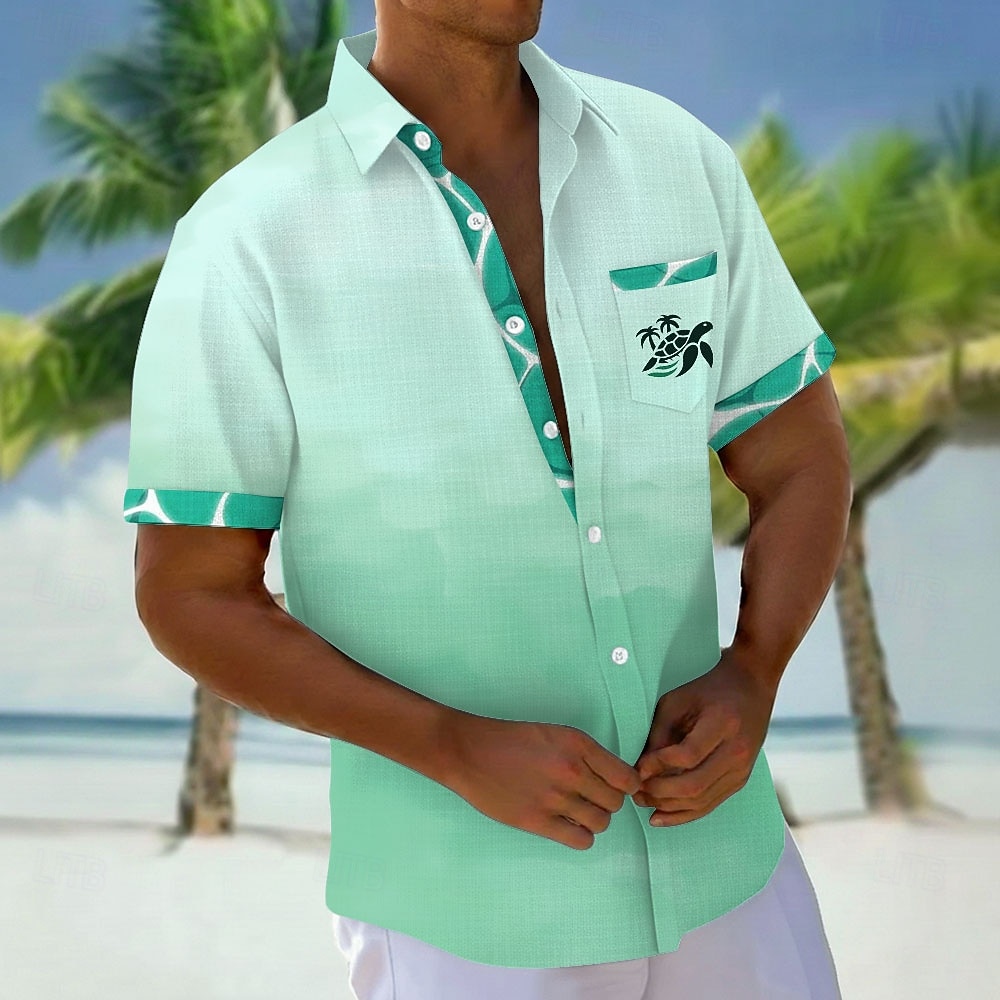 Men's Gradient Color Turtle Sea Creatures Shirt Hawaiian Shirt Aloha Shirt Short Sleeve Hawaiian Vacation Holiday Summer Turndown 3D Print Front One Pocket Linen Like Shirt Blue Teal Pink Green 2026 - $25.99 –P4