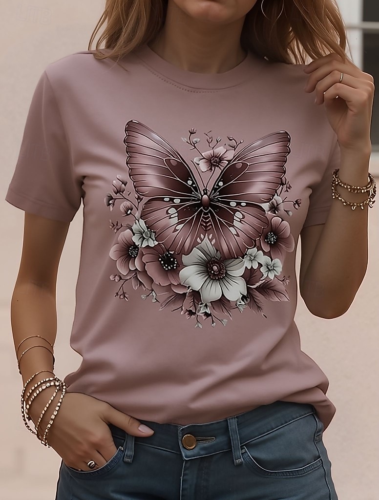Dames T-shirt Afdrukken Bloemig Stijlvol Klassiek Casual Korte mouw Strakke ronde hals Ronde hals Normale tops Dagelijks Kastanjebruin Geel Blozend Roze Paars Zomer Lente 2026 - $22.99 –P1