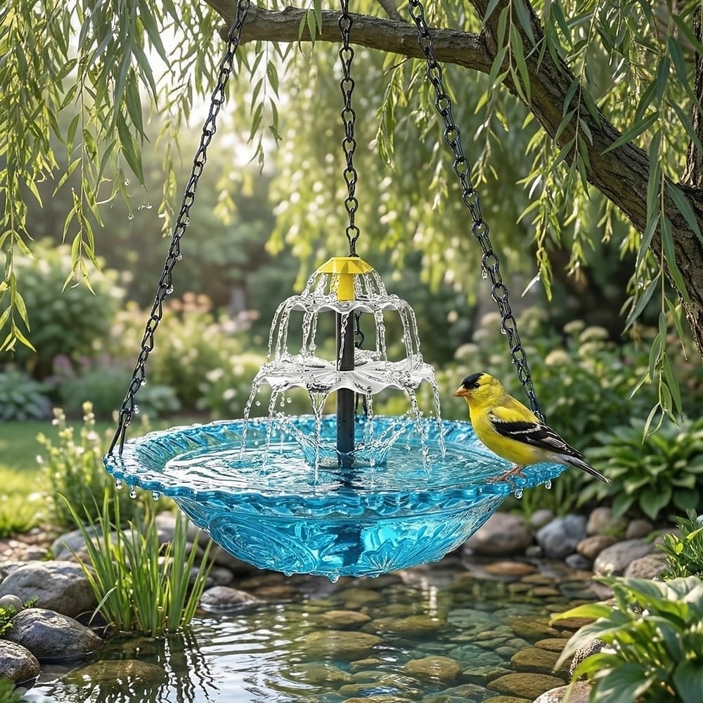 Fuente colgante para baño de pájaros con cascada solar, fuente flotante para jardín al aire libre, comedero colgante para pájaros, cuenco para baño de pájaros con cascada de energía solar para 2026 - $53.99 –P1