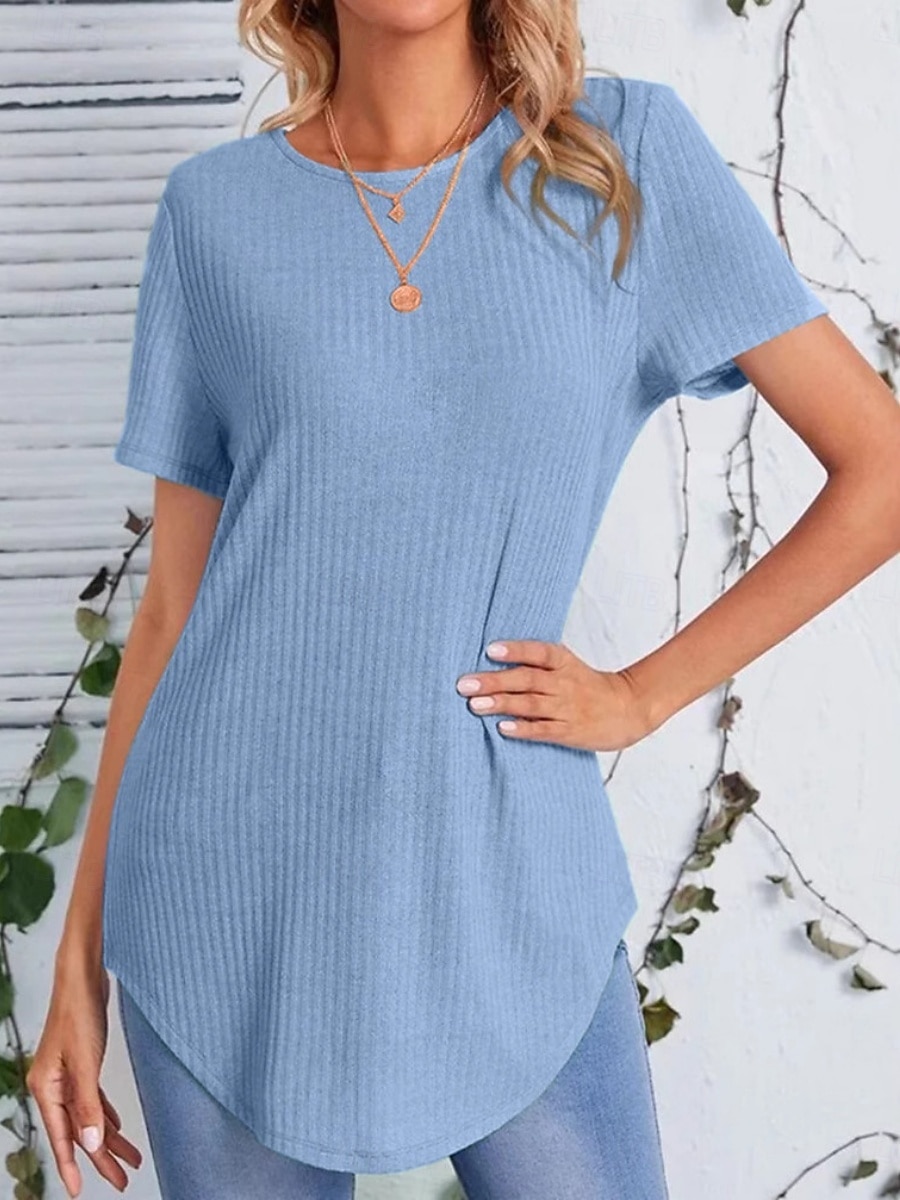 Femmes T-shirt Couleur Unie Mode Classique Occasionnel Manche Courte Col ras du cou Hauts Longs Quotidien Sortir Week-end Noir Violet Claire Chameau Bleu clair Été Printemps de 2026 ? $21.99 –P2