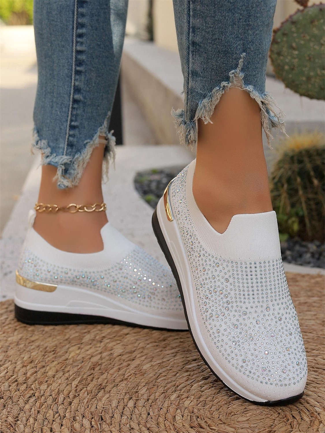 Women's Rhinestone-Embellished Black Slip-On Sneakers – Lightweight, Sparkly Fashion Athletic Shoes for Casual Wear 2026 - $34.99 –P3
