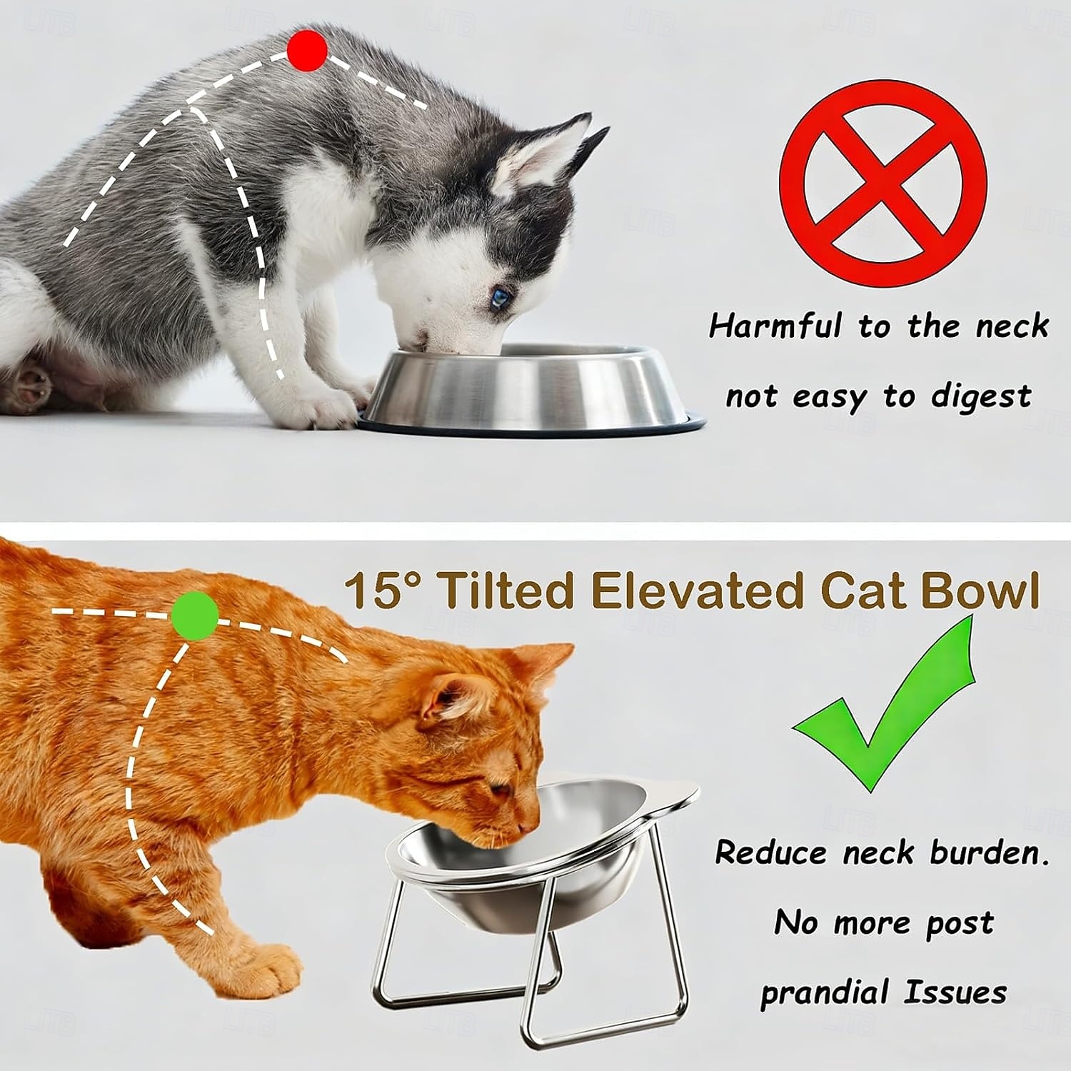 Verhoogde voer- en waterbakken van roestvrij staal met metalen standaard en antislipvoet (15 graden gekanteld). Dubbele kom voor voer en water, geschikt voor katten, kittens en kleine honden. 2026 - $24.99 –P2