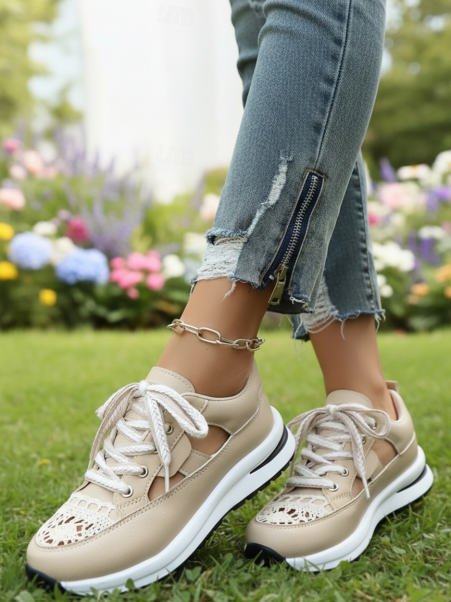 Zapatillas beige con cortes para mujer: zapatos informales transpirables con cordones para uso diario, para caminar y viajar. 2026 - $26.99 –P5